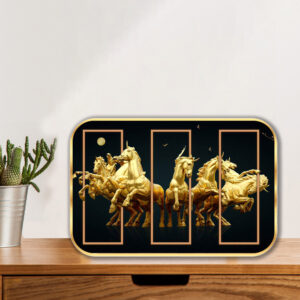 British Terminal 7 Running Horses at Sunrise Vastu Wall Painting with Frame – Sparkle Glossy Round Golden Framed Painting for Home Wall Decoration Animals Painting