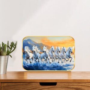 British Terminal 7 Running Horses at Sunrise Vastu Wall Painting with Sparkle lamination Round Golden poster Framed for home Decoration