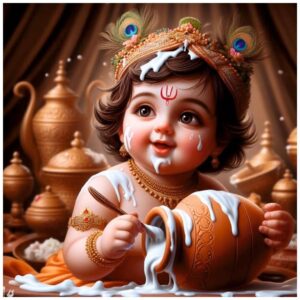 British Terminal Cute little Bal Gopal Baby God Krishna| Kanha Ji | Laddu Lord Makhan Chor Painting Religious Poster for Pregnant Women for wall
