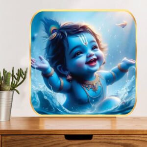 Cute little Bal Gopal Baby God Krishna| Kanha Ji | Laddu Lord Makhan Chor Wall Painting with Sparkle lamination Round Golden Framed Poster for Pregnant Women