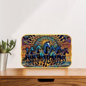British Terminal 7 Running Horses at Sunrise Vastu Wall Painting with Sparkle lamination Round Golden poster Framed for home Decoration