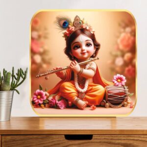 British Terminal Cute little Bal Gopal Baby God Krishna| Kanha Ji | Laddu Lord Makhan Chor Wall Painting with Sparkle lamination Round Golden Framed Poster for Pregnant Women