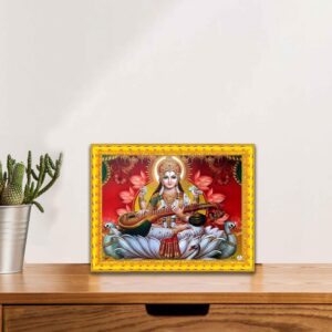 British Terminal Goddess Maa Saraswati Religious Wall Art Golden Frame