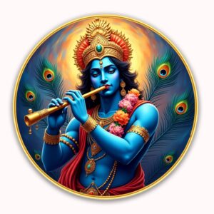 British Terminal Krishna Round Wall Art, Golden Framed Religious Painting, Decorative Wall Hanging for Home and Office