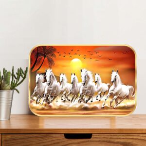 British Terminal 7 Running Horses at Sunrise Vastu Wall Painting with Frame - Sparkle Glossy Round Golden Framed Painting for Office, Living Room, Bedroom