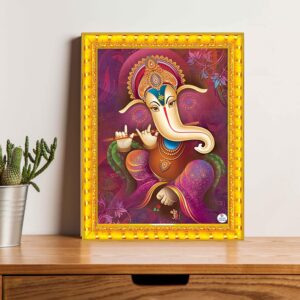 British Terminal Lord Ganesh Decorative Wall Art with Golden Frame, Hindu Religious Artwork