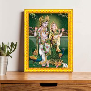 British Terminal Radhe Krishna Religious Wall Art with Golden Decorative Frame, Traditional Hindu Home Decore