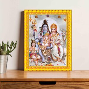 British Terminal Hindu Religious Shiv Parivar Wall Art with Golden Photo Frame, Decorative Family