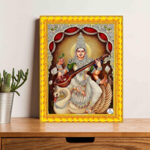 British Terminal Goddess Saraswati Religious Wall Art with Golden Photo Frame, Hindu Decorative Painting