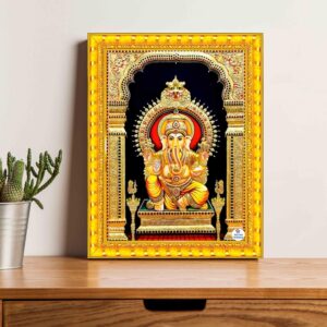 British Terminal Lord Ganesh Religious Wall Art, Golden Decorative Photo Frame, Hindu God Picture for Home