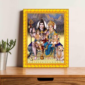 British Terminal Hindu Religious Shiv Parivar Wall Art with Golden Decorative Frame
