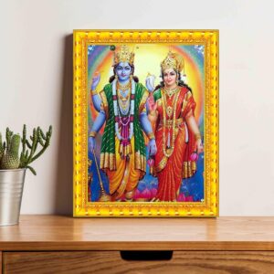 British Terminal Hindu Religious Decorative Wall Art, Vishnu Laxmi, Golden Frame