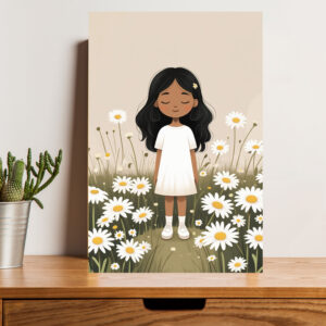 British Terminal Peaceful Girl in Daisy Field - Whimsical Wall Art