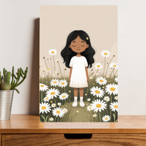 British Terminal Peaceful Girl in Daisy Field - Whimsical Wall Art